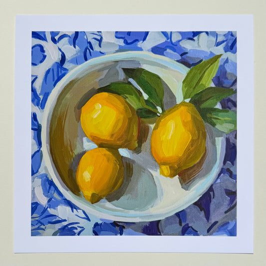 Lemons On Blue Pattern Print