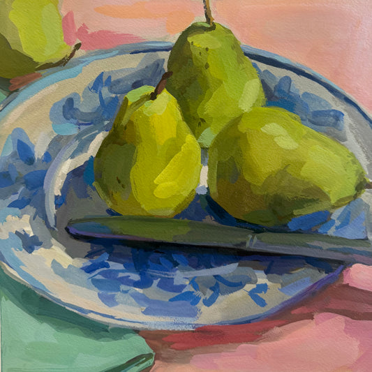 Pear Trio on Blue Plate
