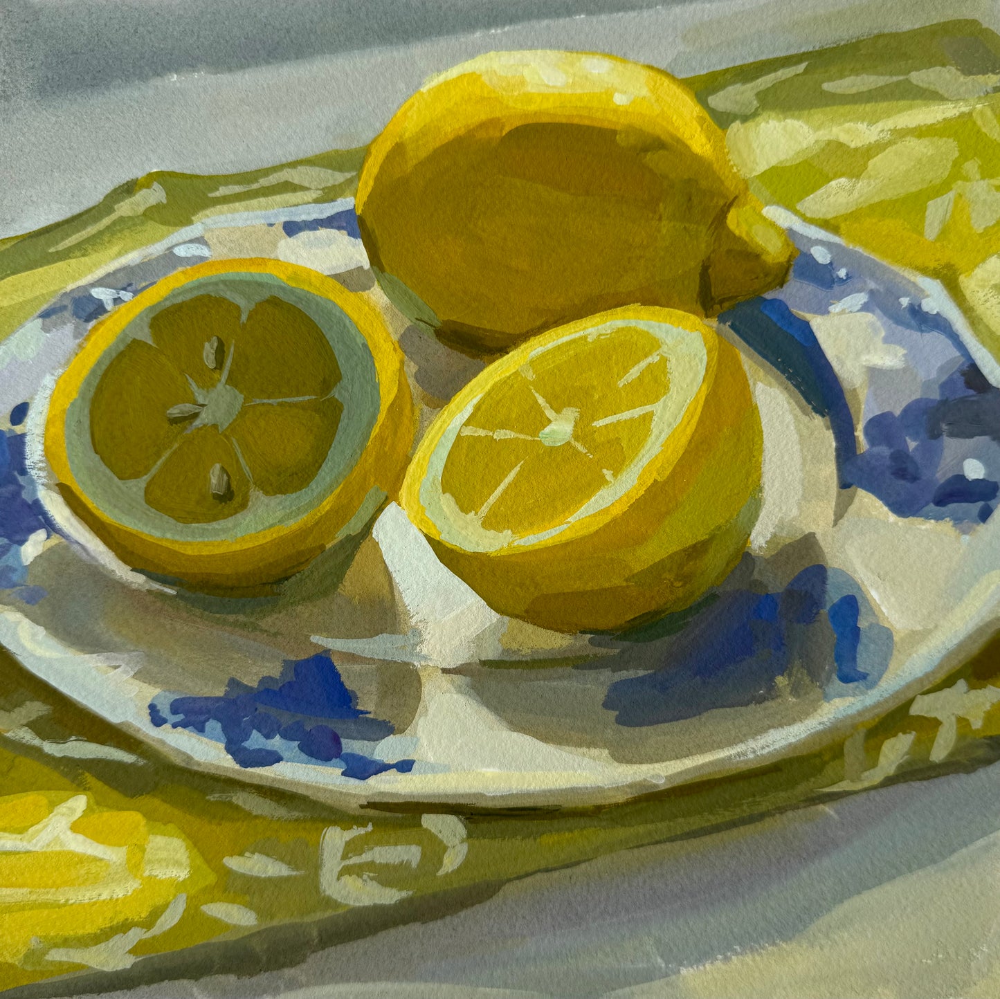 Lemon on Blue and White Plate